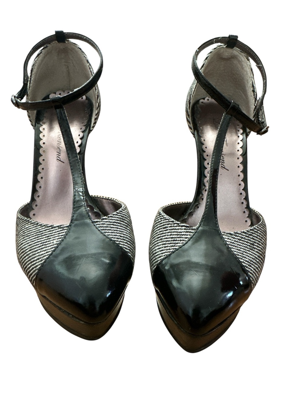 Anthropologie Miss Townsend T-Strap Platform Heels Black Tweed Size 8